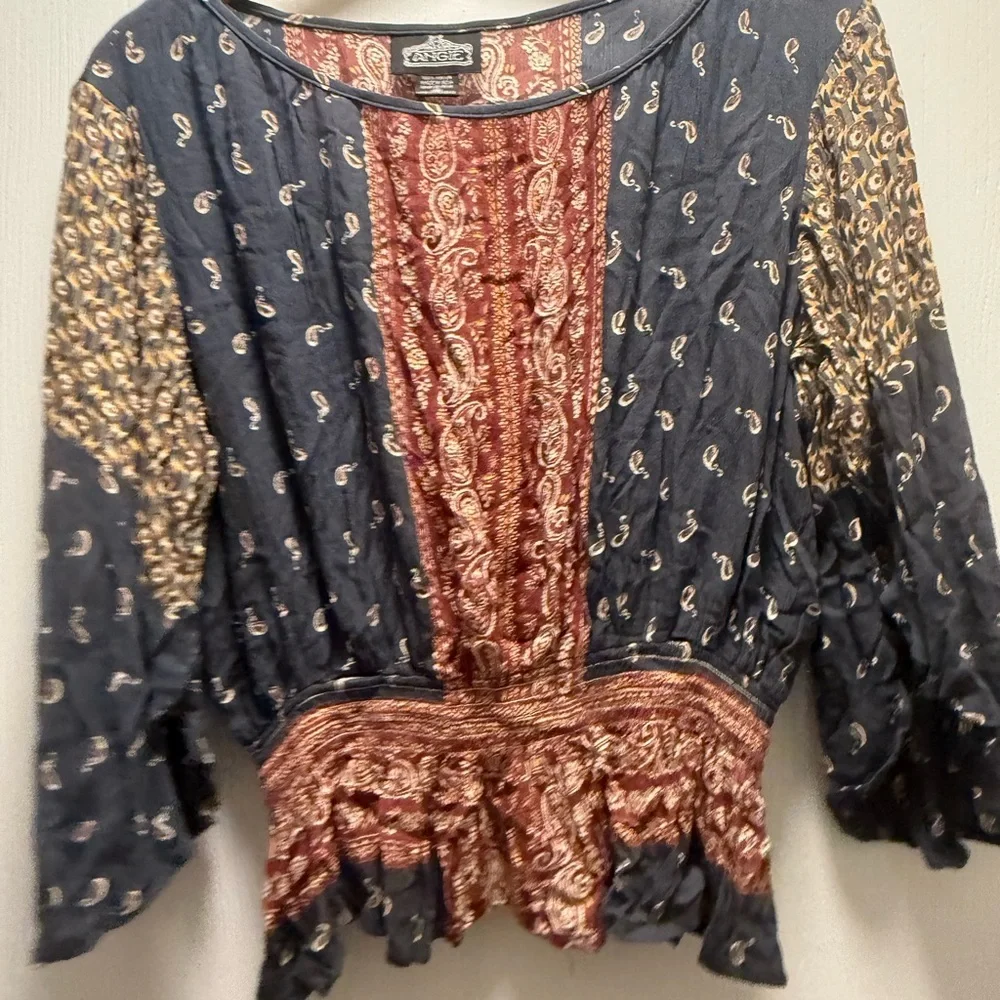 Angie Blue and Orange Ruched Ruffled Blouse - Picture 1 of 3